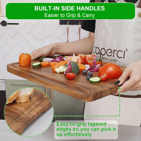 Caperci reversible acacia board shown from both sides for versatile use.