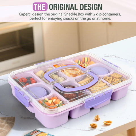 Caperci Snackle Box showing 10 sections for fruits, nuts, and treats.