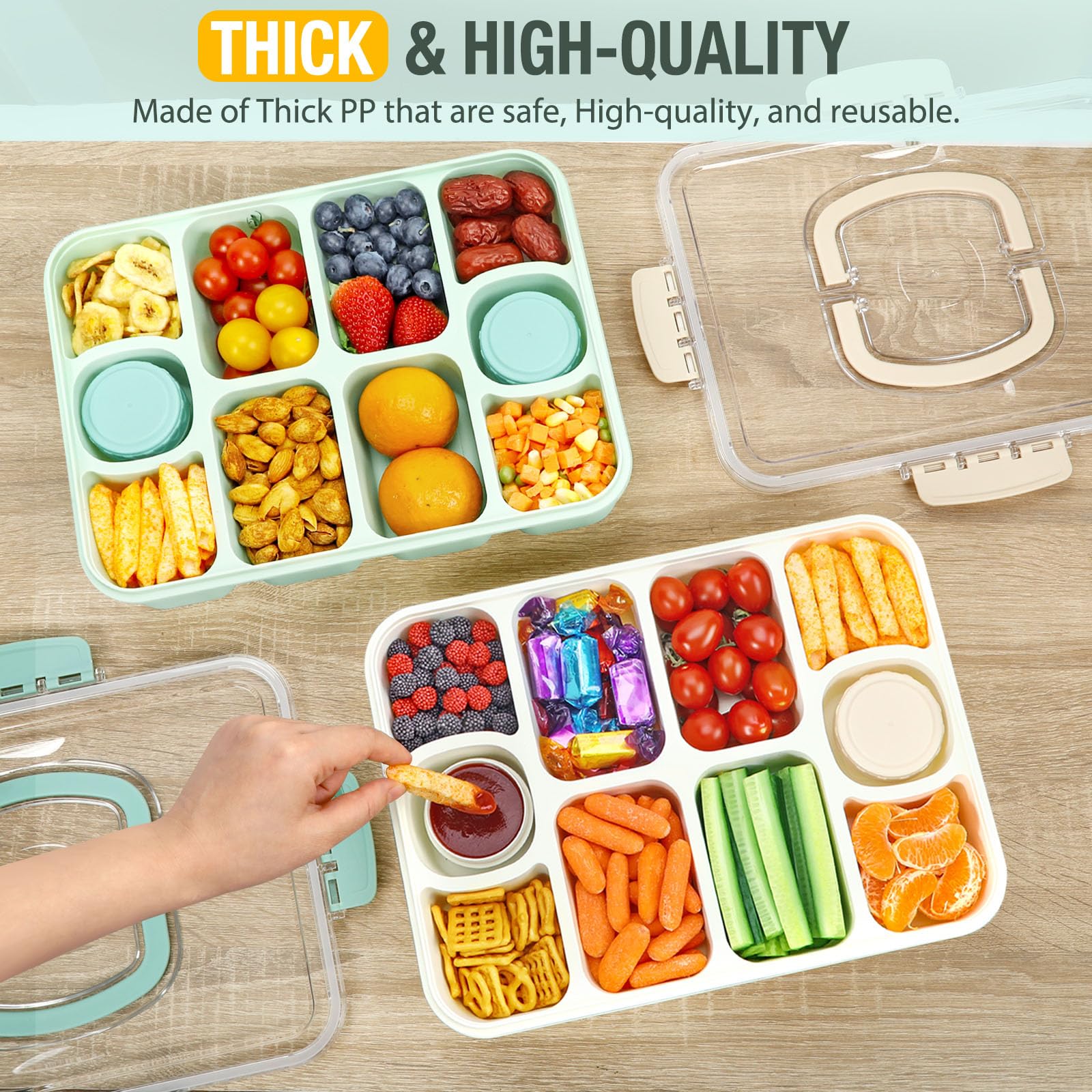 Caperci Snackle Box dressing containers closeup highlighting built-in leak-proof dips.
