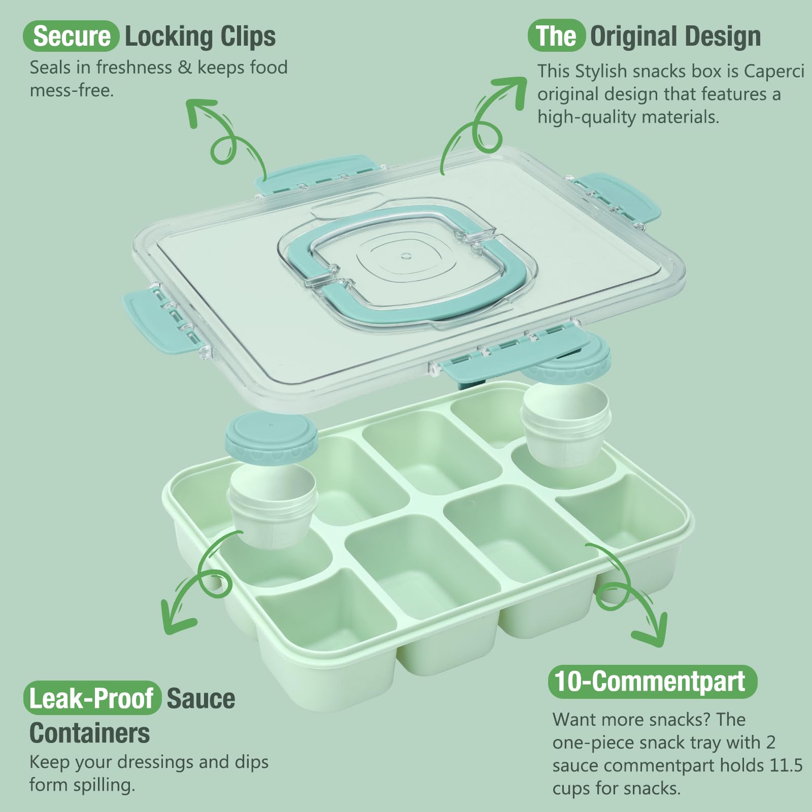 Caperci Snackle Box leak proof lid seals in freshness on the go.