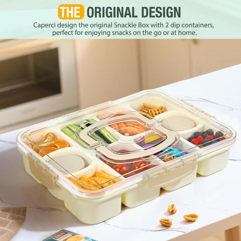 Caperci Snackle Box lid closeup with secure closures to prevent spills.
