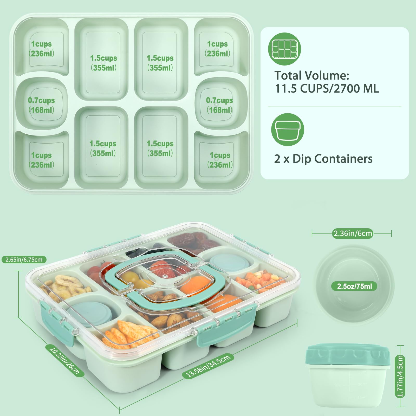 Caperci Snackle Box built in sauce containers prevent dips from spilling.