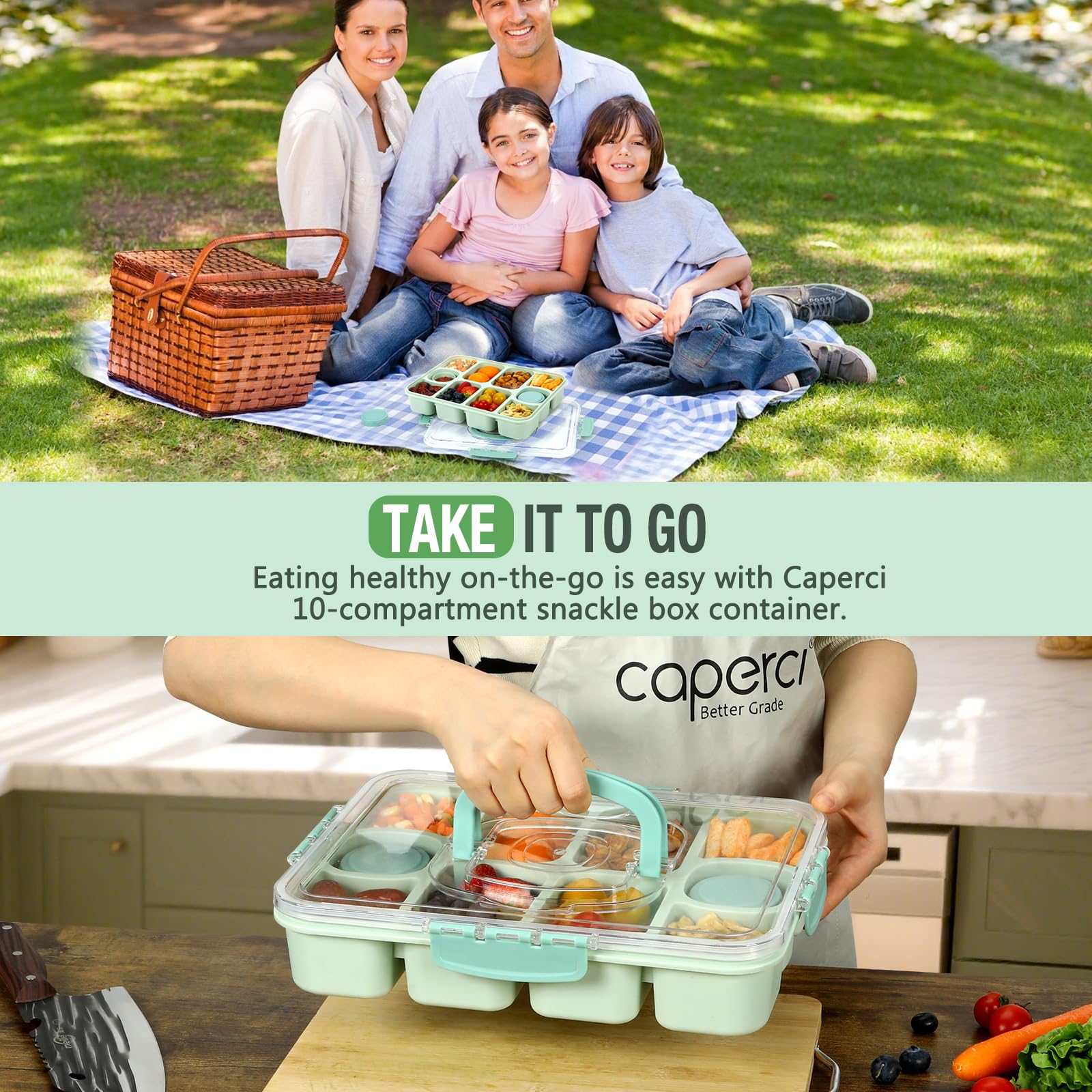 Caperci Snackle Box is travel friendly for picnics, lunches, and road trips.