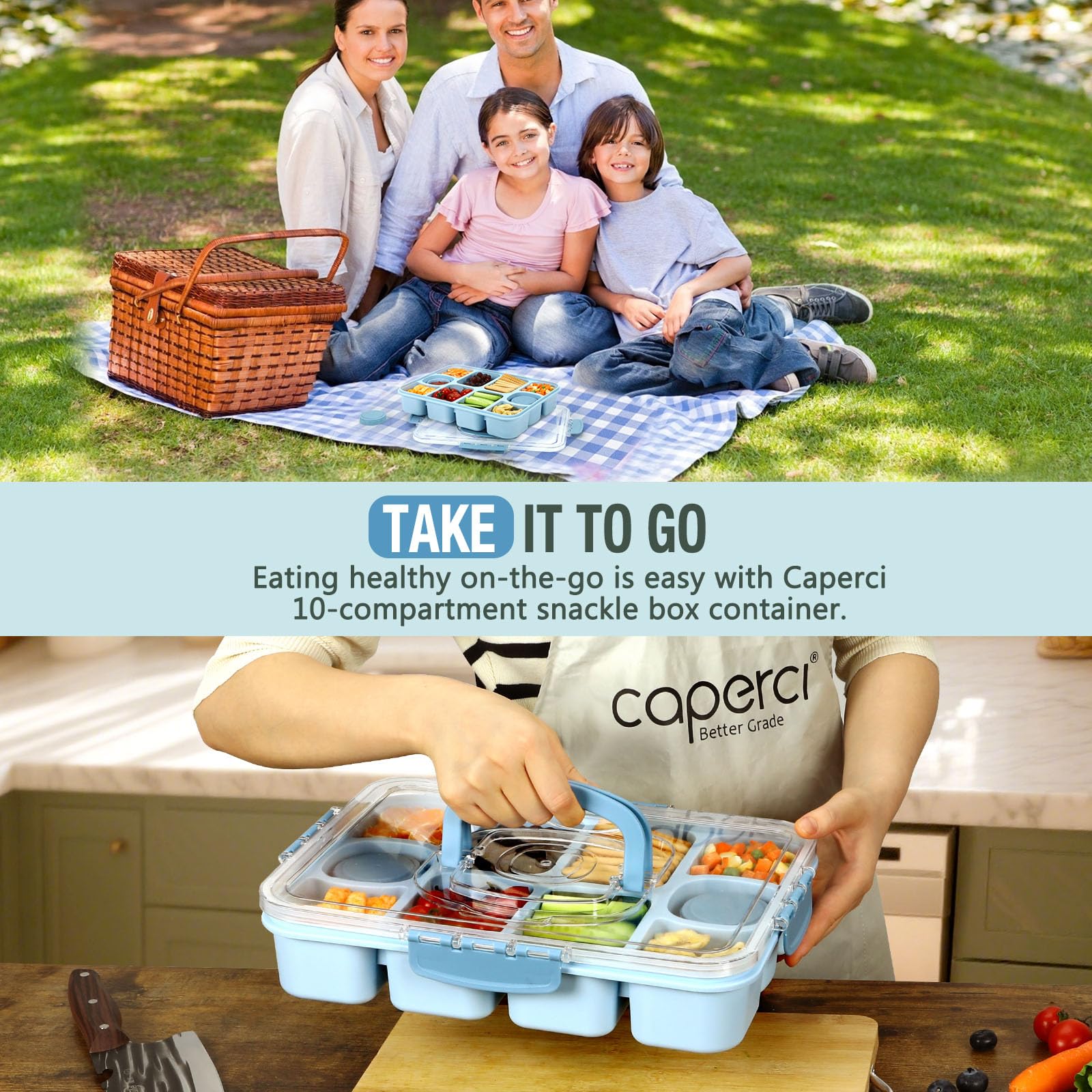 Caperci Snackle Box travel-ready design for picnics and school lunches.