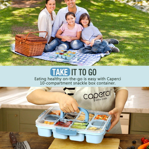 Caperci Snackle Box travel-ready design for picnics and school lunches.