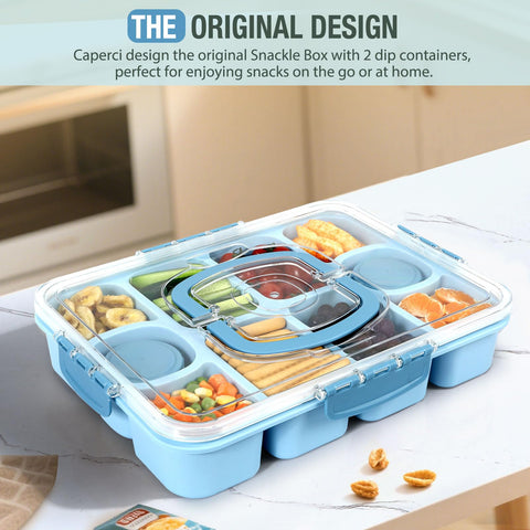 Caperci Snackle Box tray built-in dressing containers to carry sauces neatly without spills.
