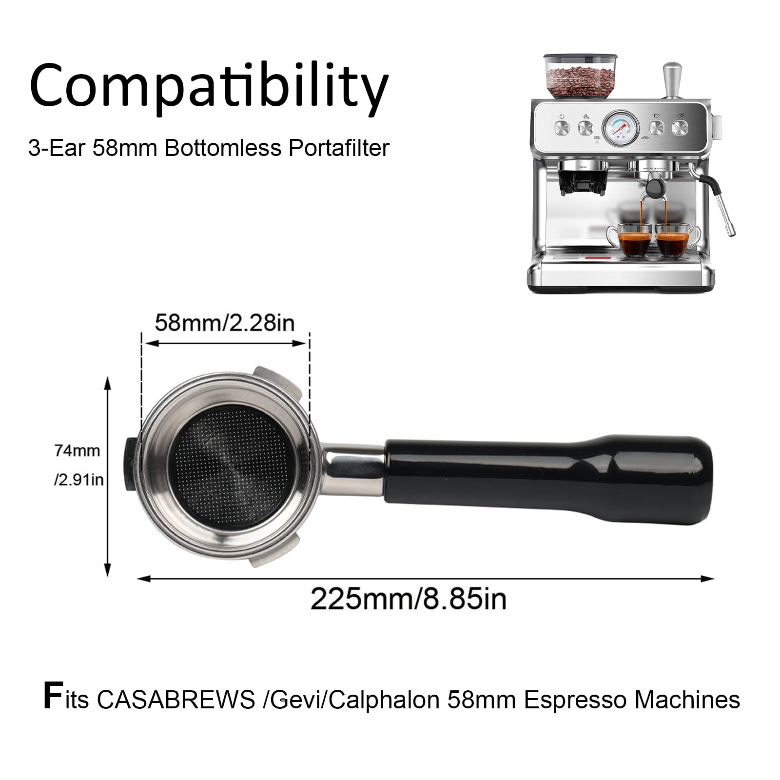 CAPFEI 58mm bottomless portafilter side view highlighting easy handling and setup