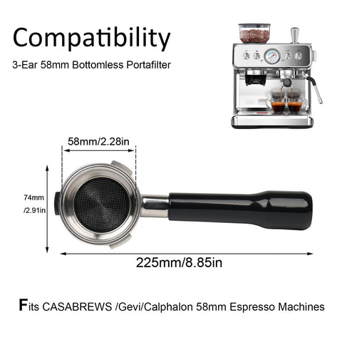 CAPFEI 58mm bottomless portafilter side view highlighting easy handling and setup