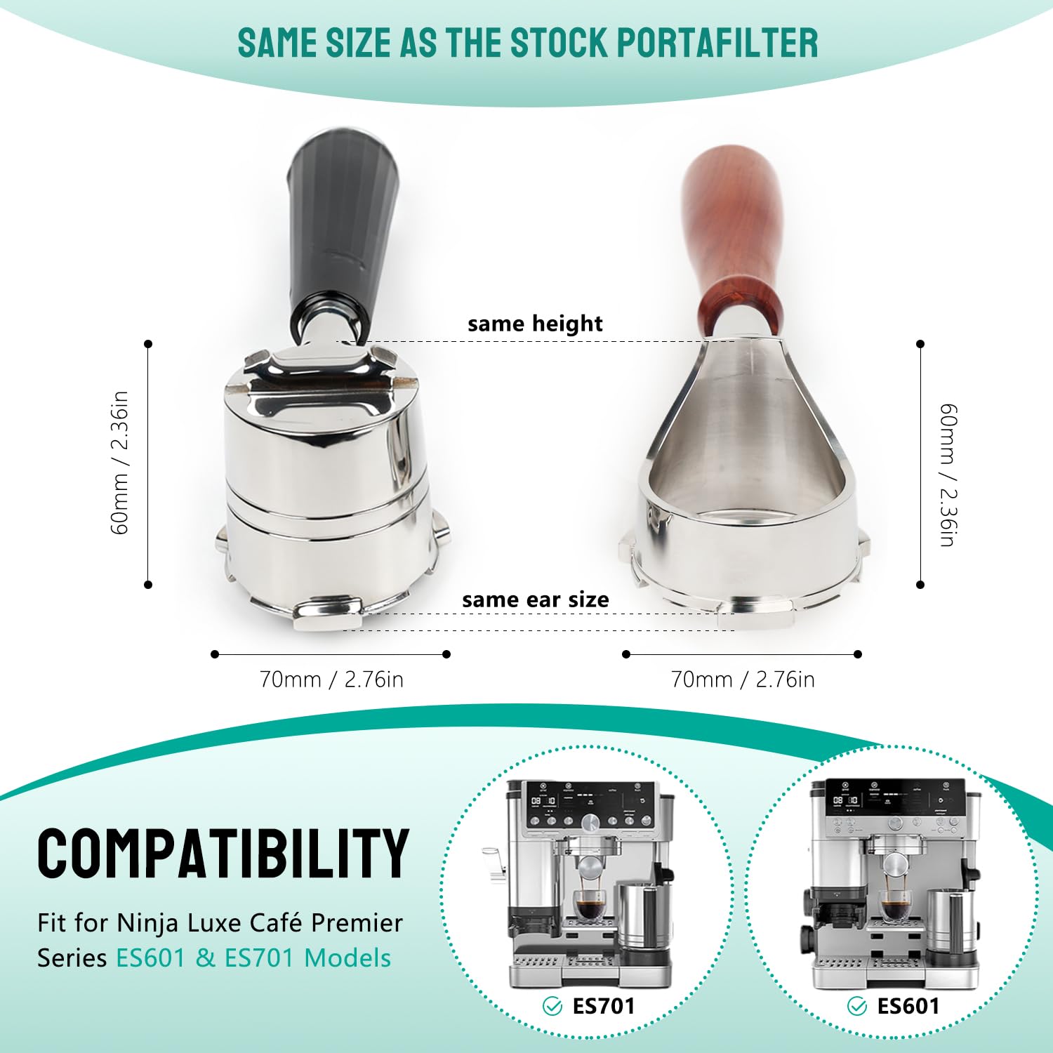 CAPFEI bottomless portafilter for Ninja ES601 flat bottom aids consistent tamping.