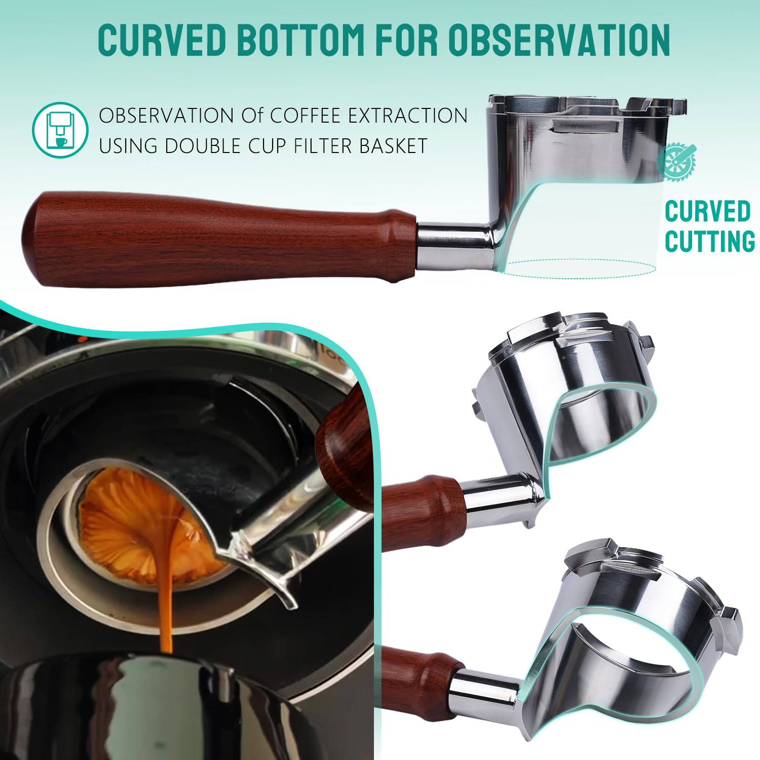 CAPFEI bottomless portafilter with wooden handle provides comfortable grip.