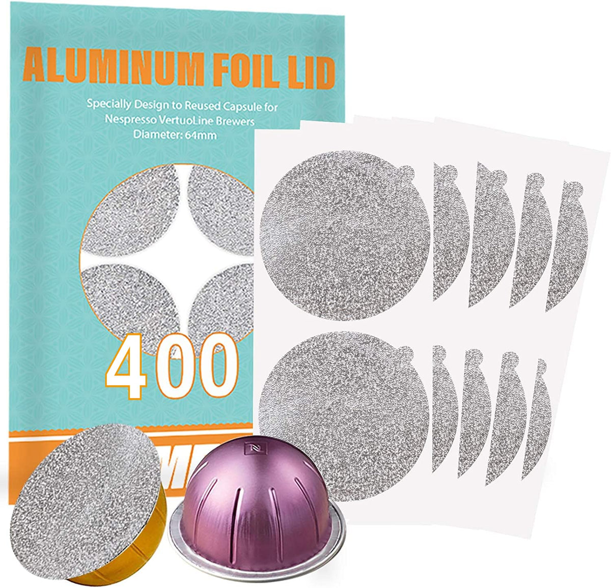 CAPMESSO VertuoLine 64mm foil lid preserves freshness for reusable pods.