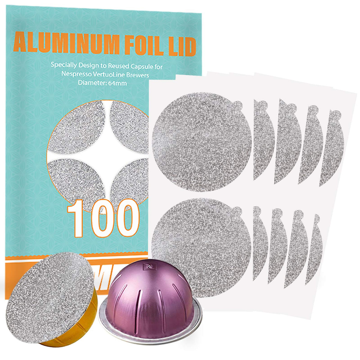 CAPMESSO VertuoLine lids 64mm pack show durable, recyclable lids for reuse.