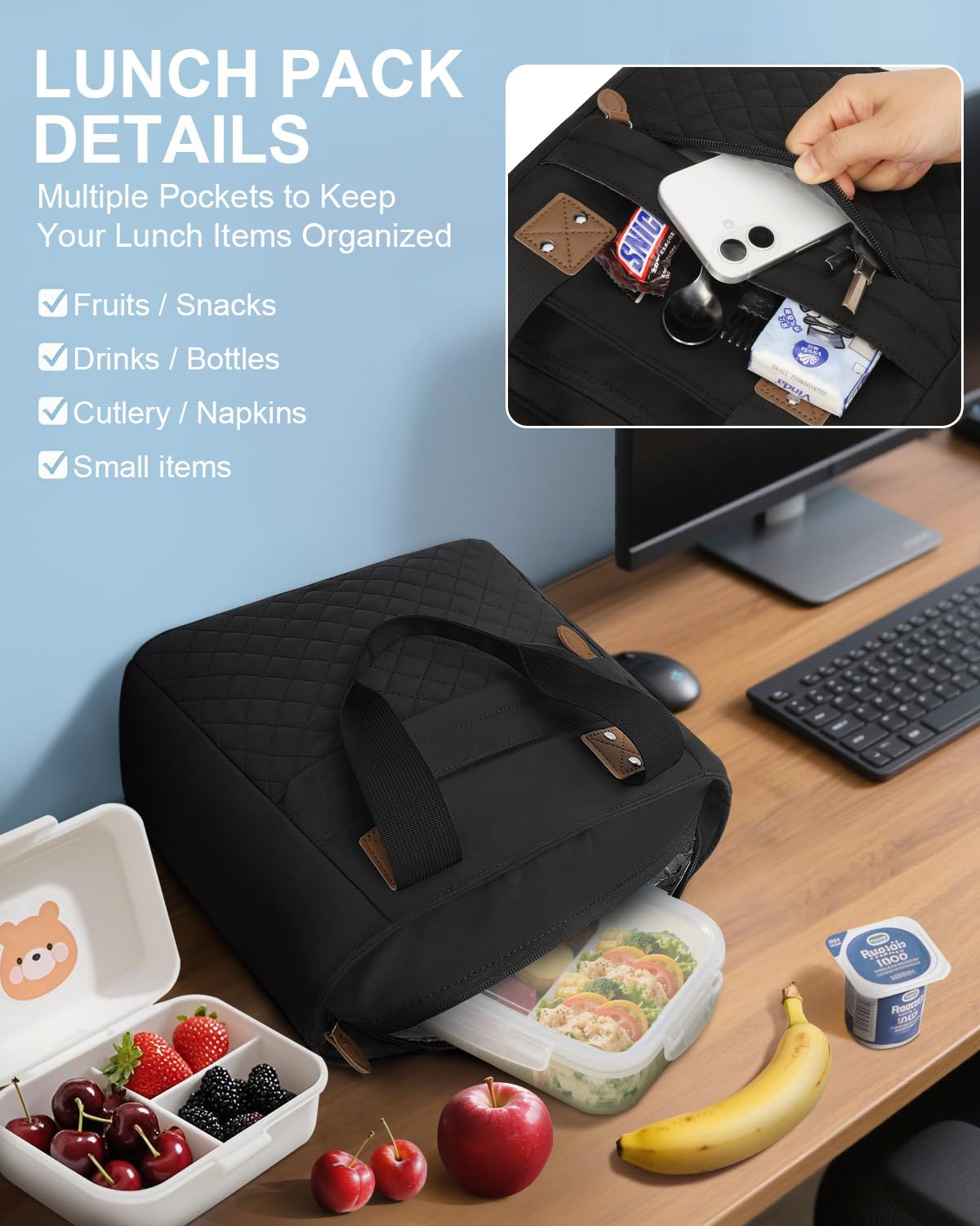 Capolo lunch bag sturdy handles and detachable strap enable comfortable, hands-free carrying.