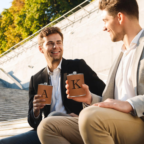 CARAKNOTS leather flask gift box, ready-to-gift packaging with funnel included.