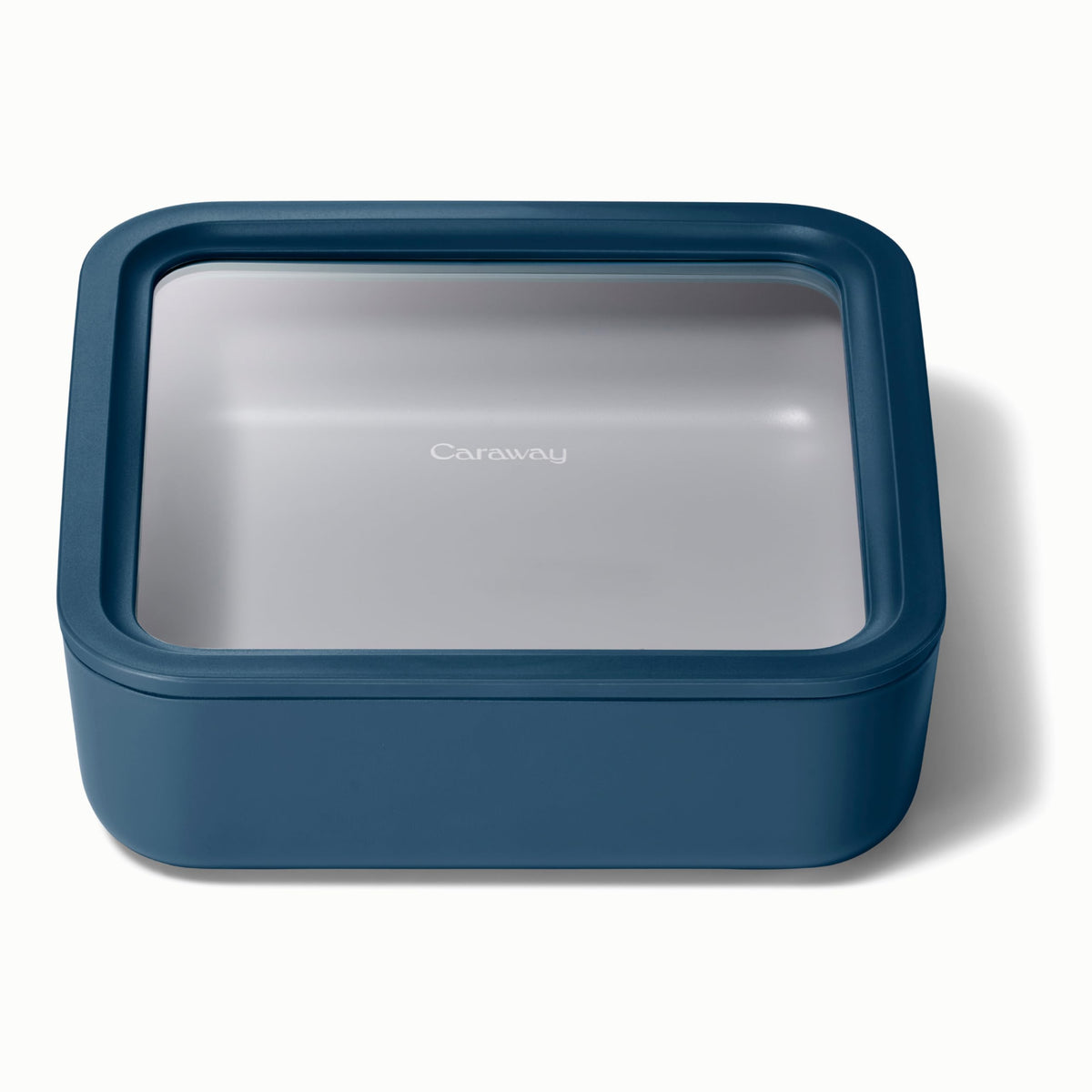 Caraway 10-cup glass container in navy stores leftovers neatly.