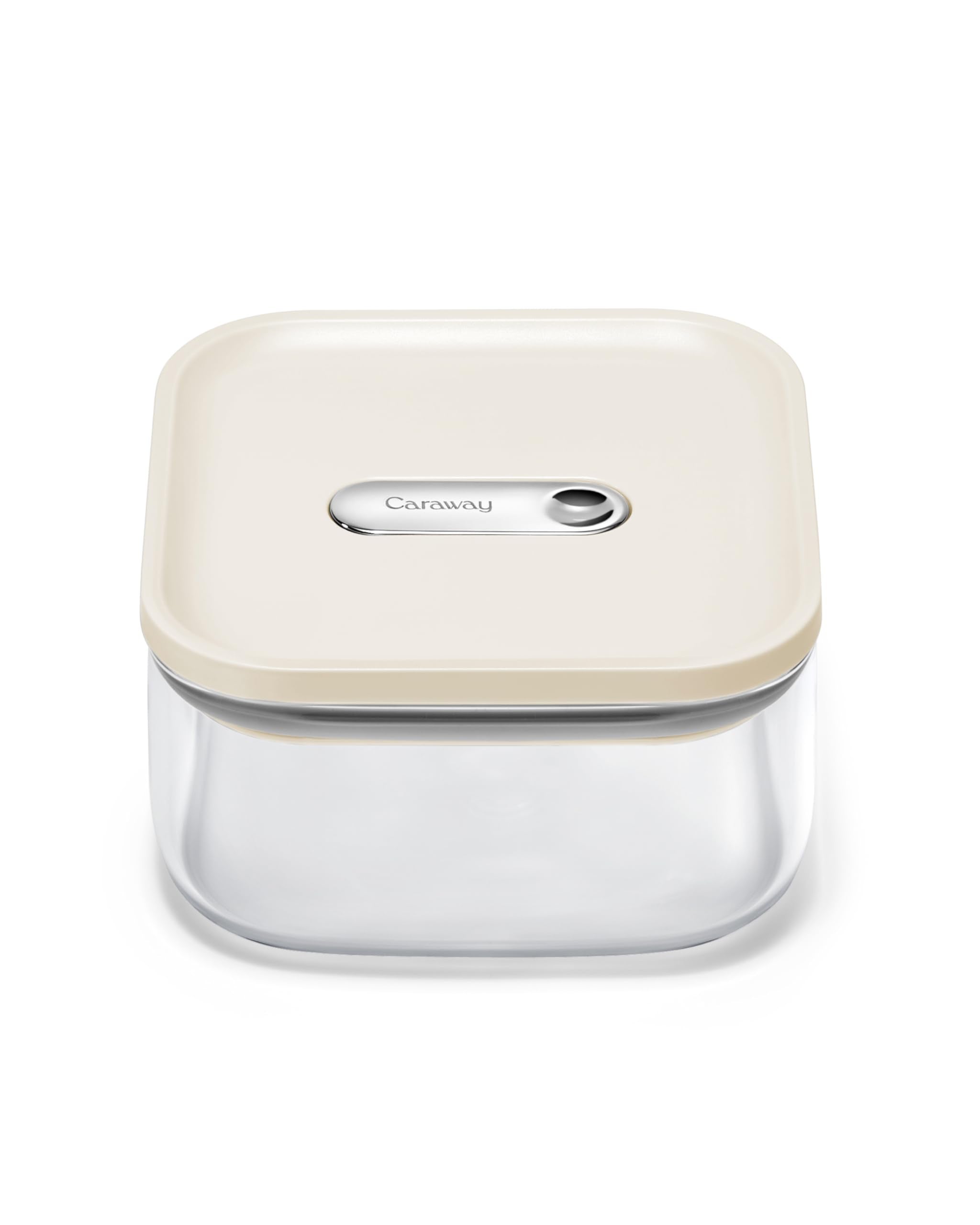 Caraway 1qt glass airtight container with cream lid shows secure seal for fresh ingredients