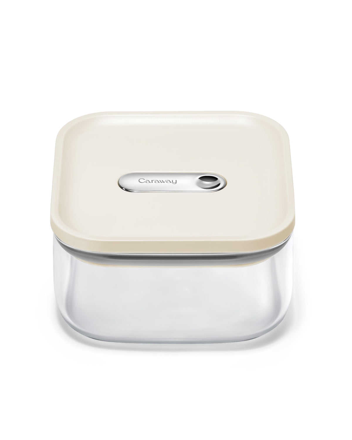 Caraway 1qt glass airtight container with cream lid shows secure seal for fresh ingredients