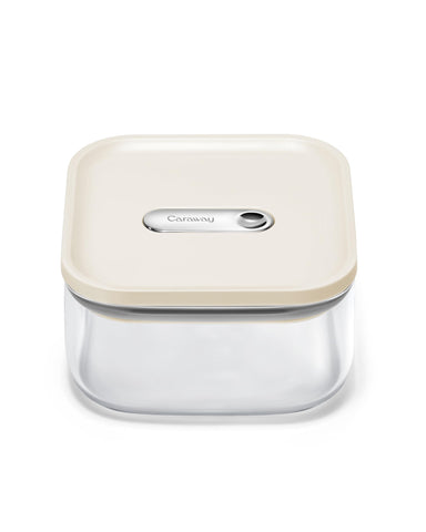 Caraway 1qt glass airtight container with cream lid shows secure seal for fresh ingredients