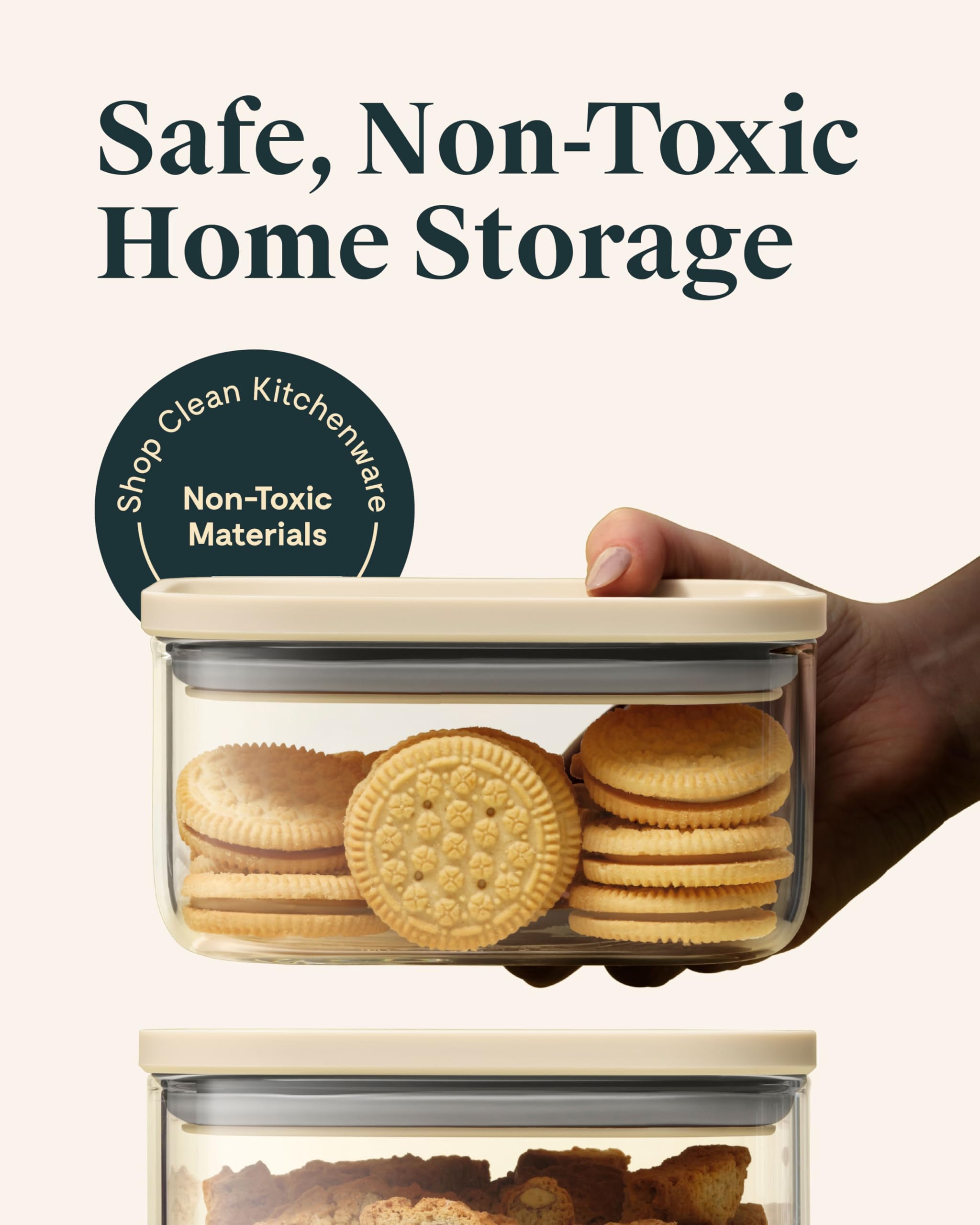 Caraway 1qt glass airtight container in a stacked design saving pantry space