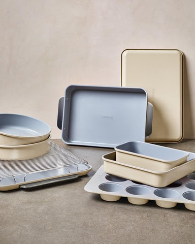 Caraway 9-inch square pan stored in its organizer for tidy kitchen storage.