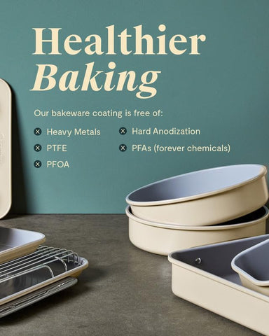 Caraway 9-inch square pan withstands heat up to 550°F for versatile baking uses.