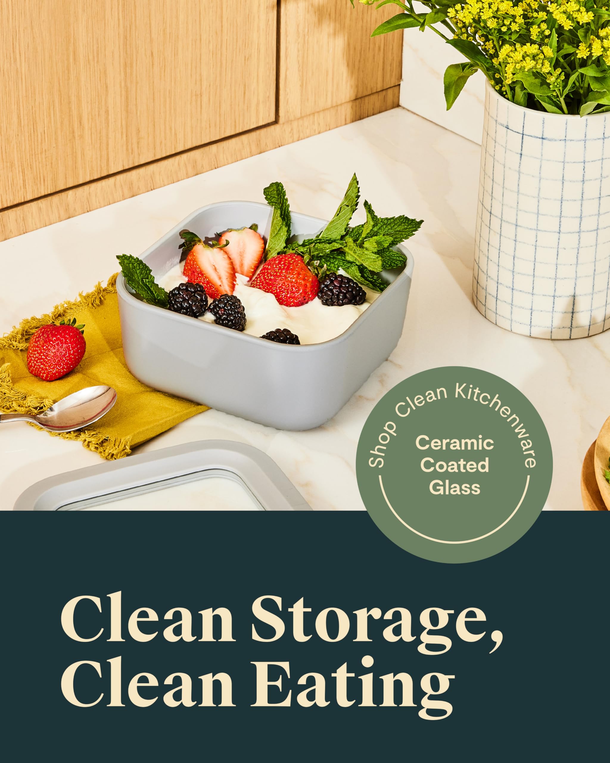 Caraway ceramic-coated lid provides a smooth, non-stick feel for easy cleanup.