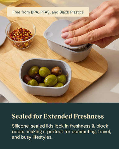 Caraway dash inserts for on-the-go bento boxes inside Caraway glass containers.