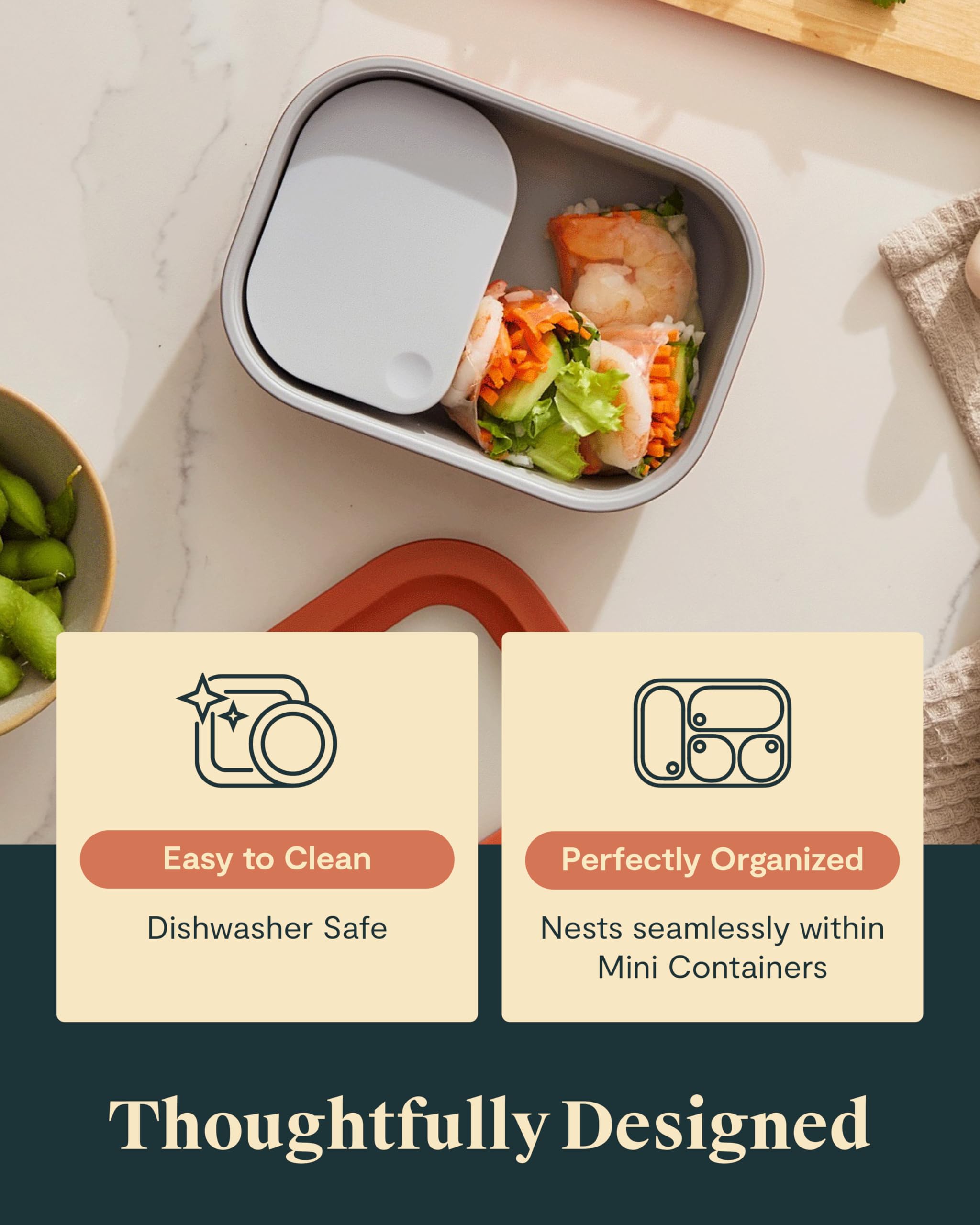 Caraway dash inserts offer easy storage and lunch organization inside glass containers.