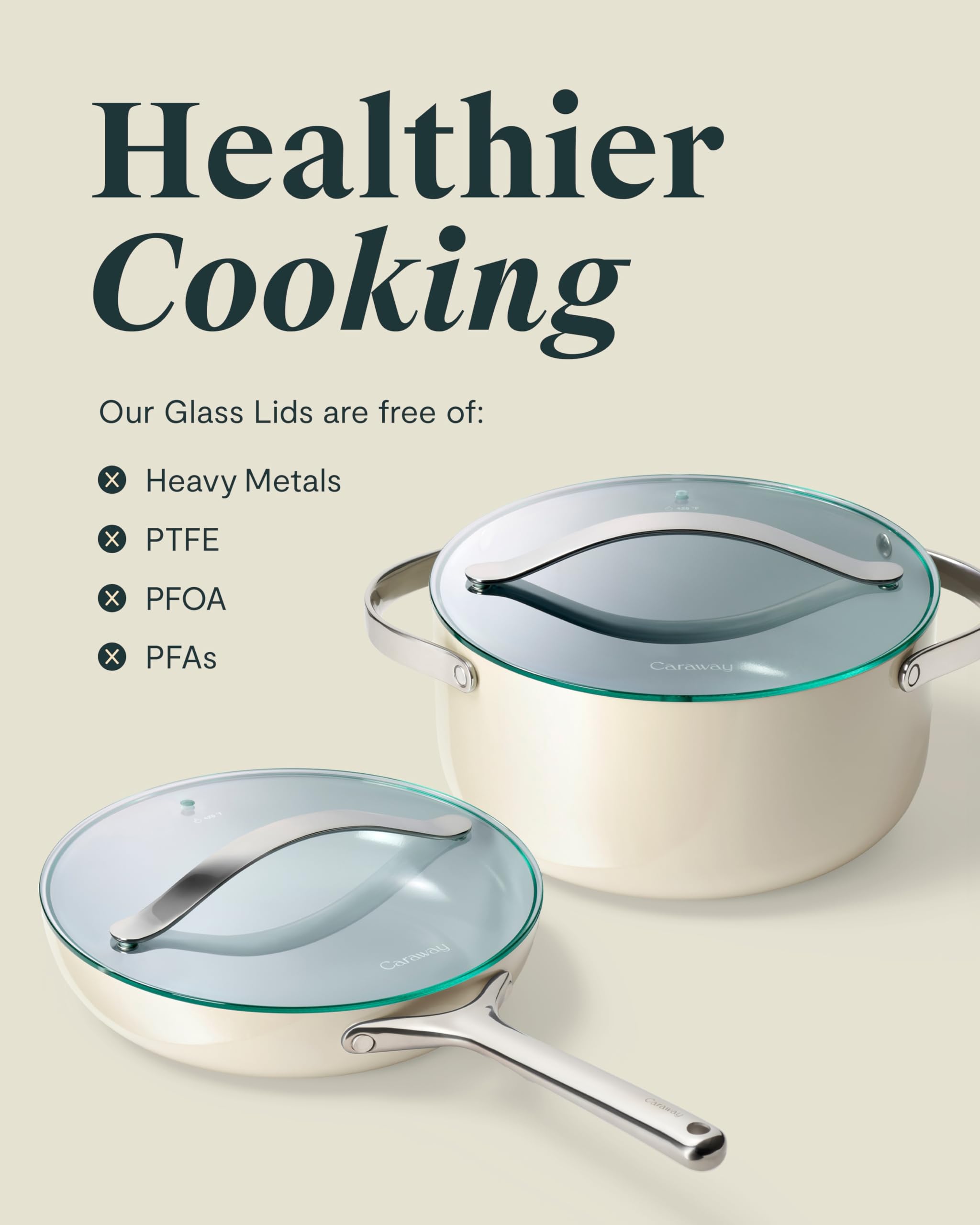 Caraway dishwasher-safe glass lid for easy cleaning.