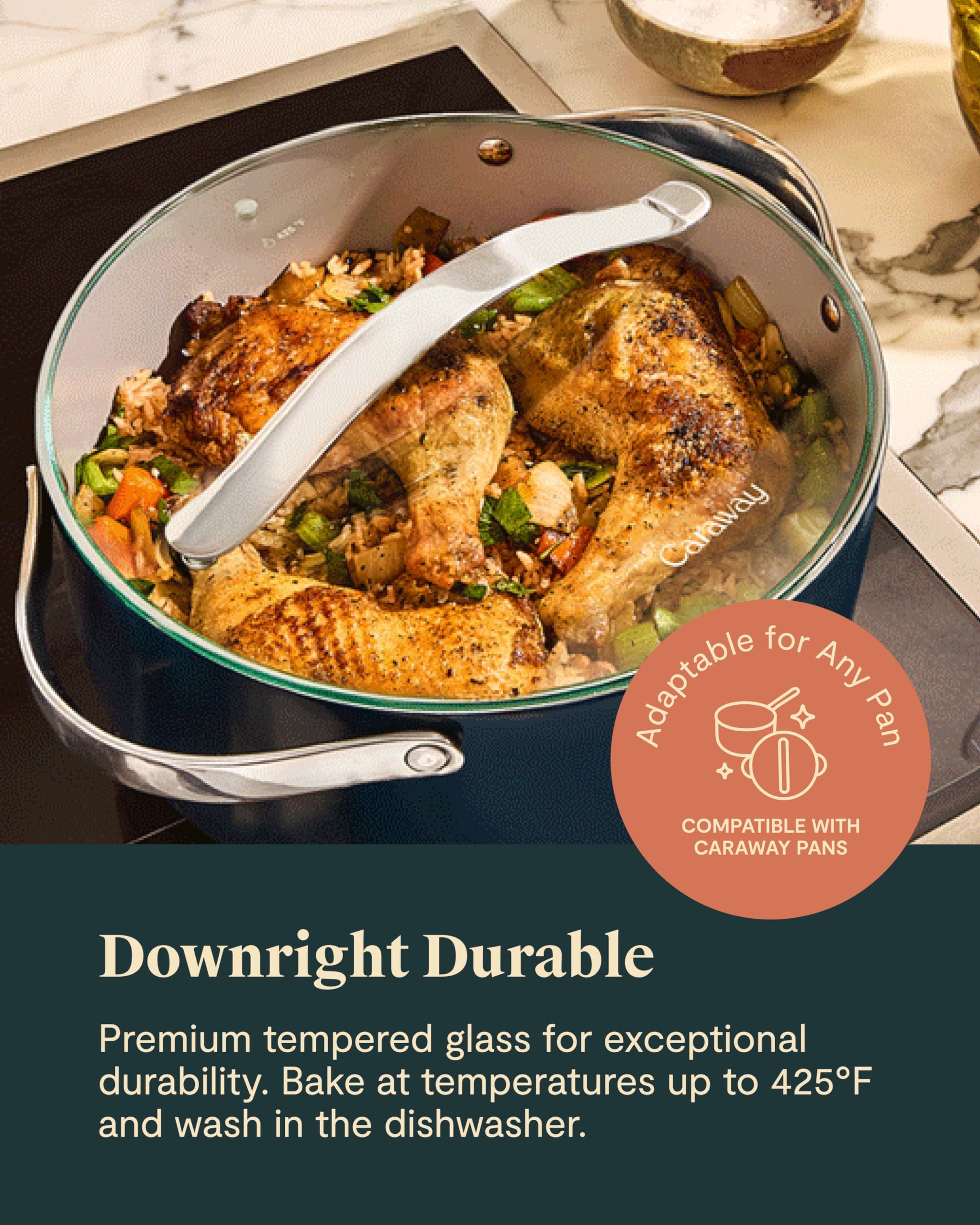 Caraway glass lid with perfect fit for ceramic-coated pots.