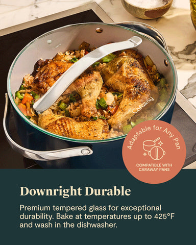 Caraway glass lid with perfect fit for ceramic-coated pots.