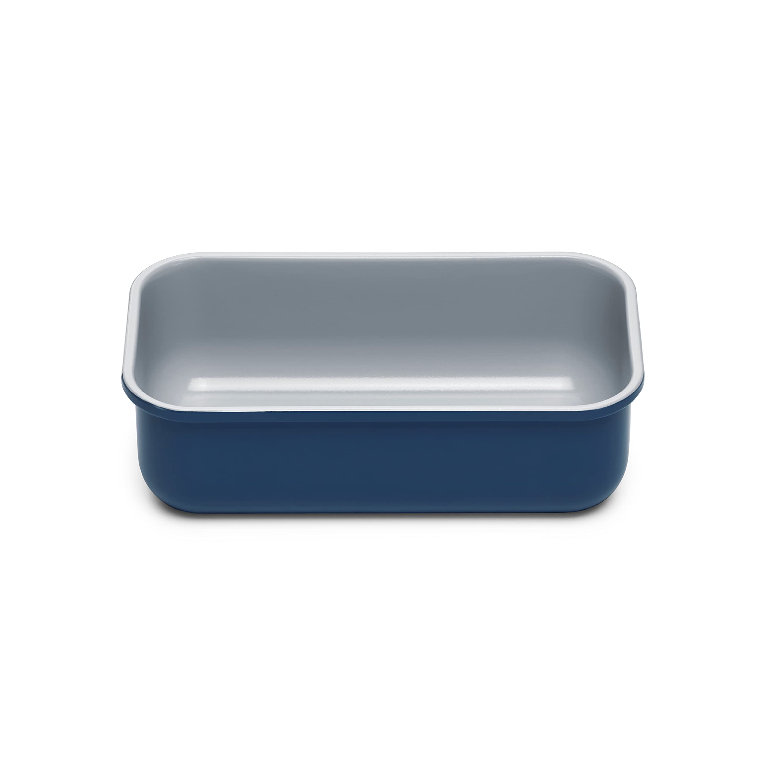 Caraway loaf pan navy outer view with slick non-stick coating for easy release.