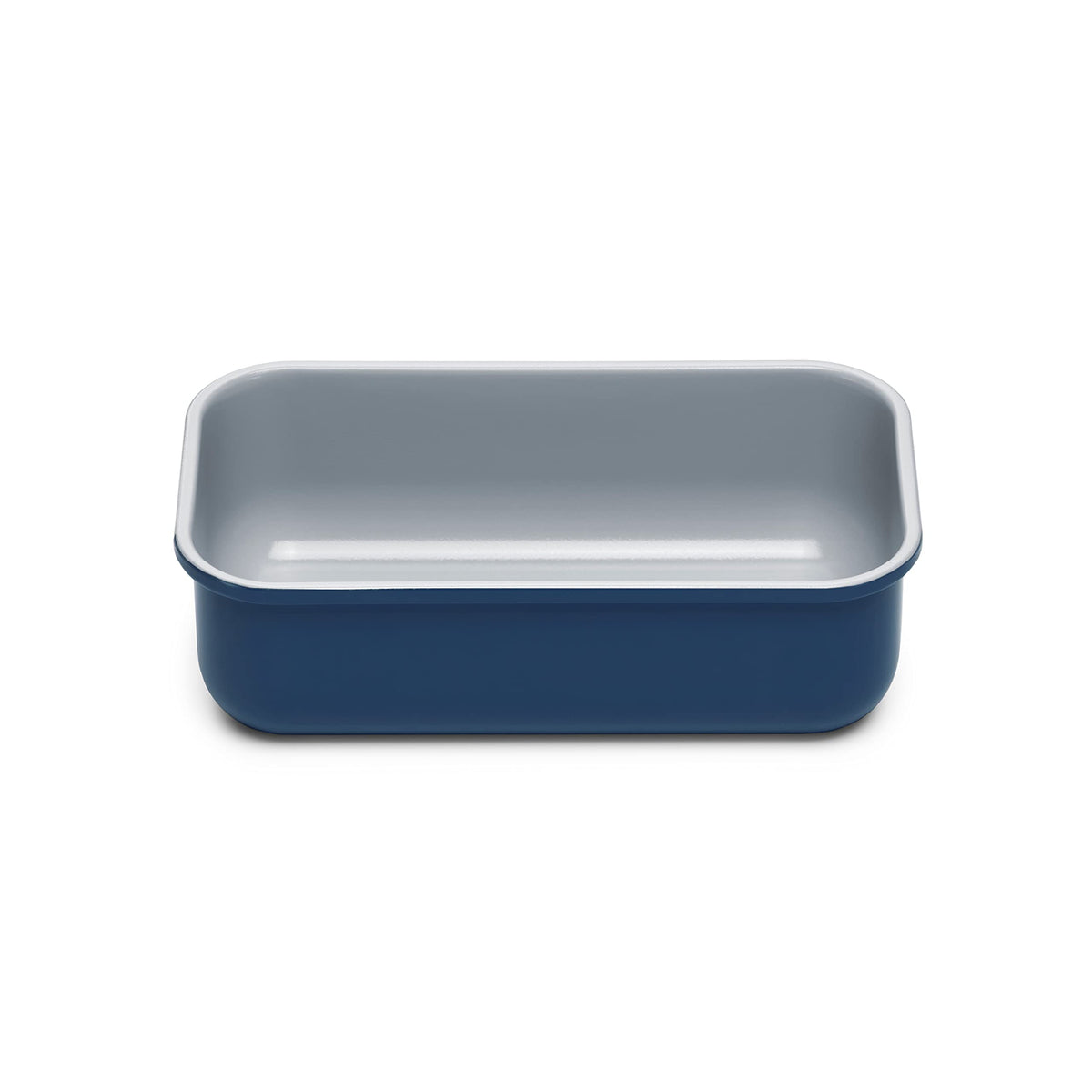 Caraway loaf pan navy outer view with slick non-stick coating for easy release.
