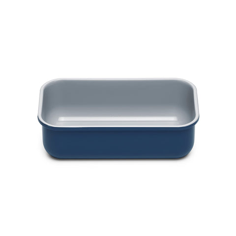 Caraway loaf pan navy outer view with slick non-stick coating for easy release.
