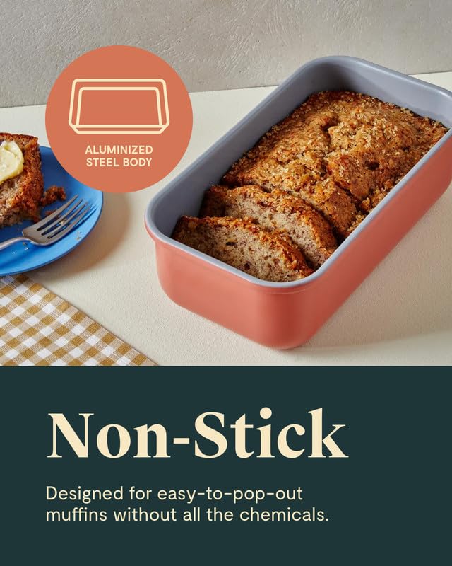 Caraway Sage loaf pan hand-holding after bake, cleanup made simple.
