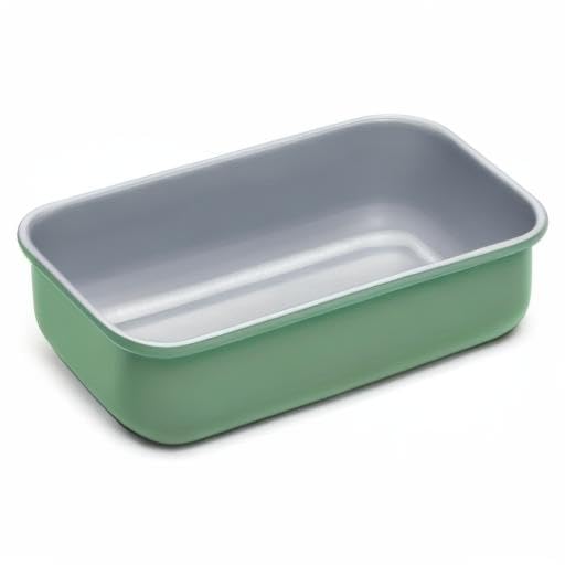 Caraway Sage loaf pan stacked for storage, organized kitchen space.
