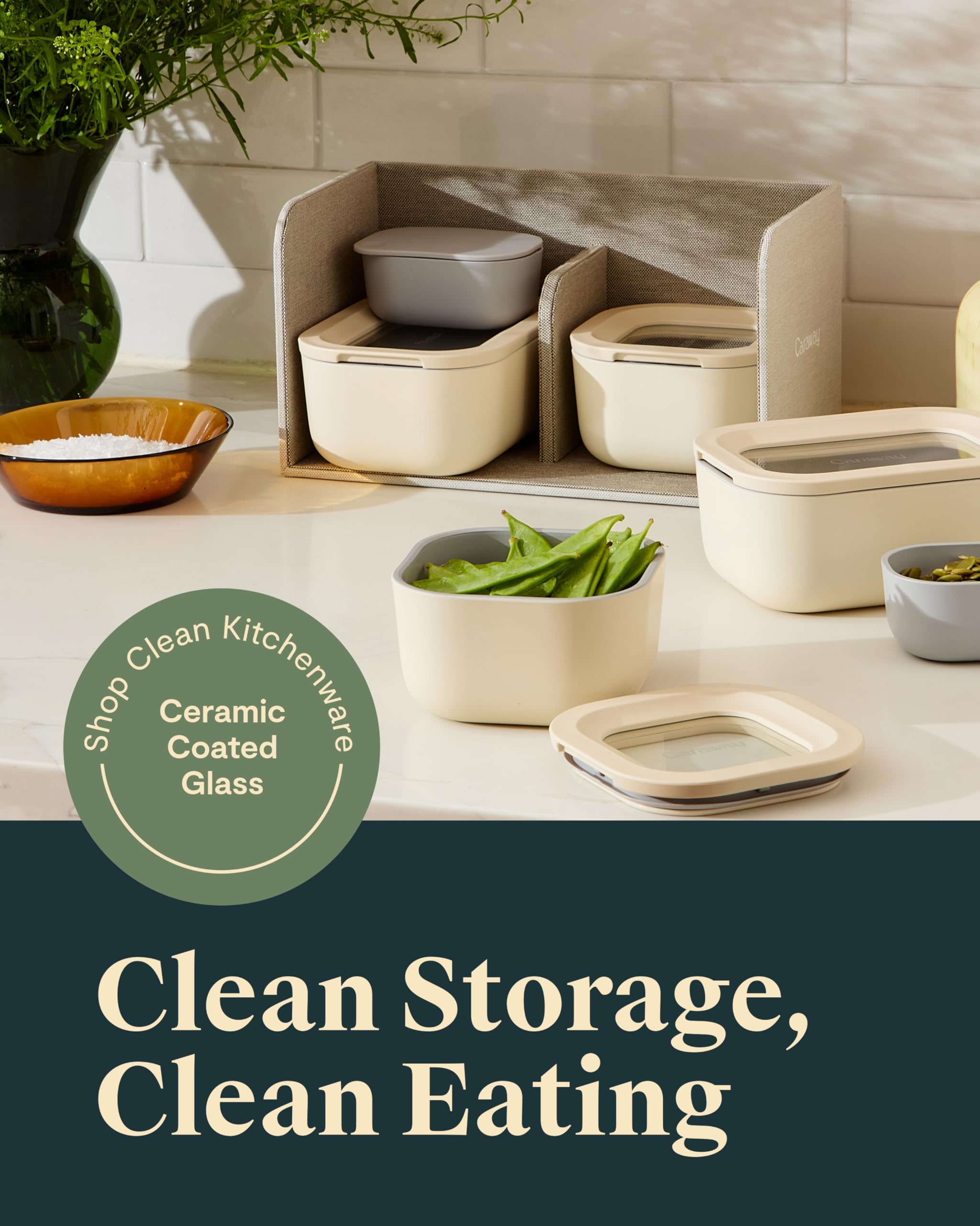 Caraway mini 9pc set ceramic-coated surface highlighting safe, non-toxic storage