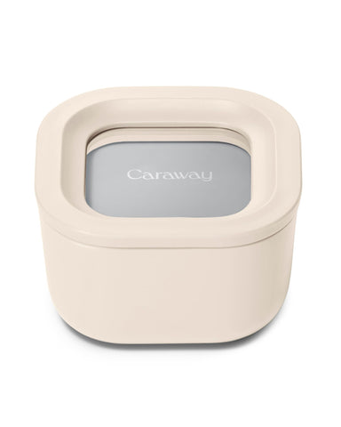 Caraway mini square glass container shows compact size for single meals