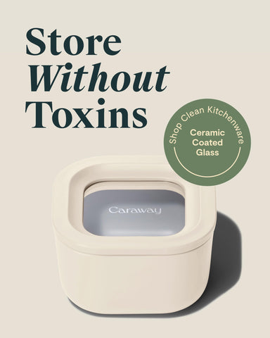 Caraway ceramic-coated glass lid demonstrates non-toxic, easy cleaning storage