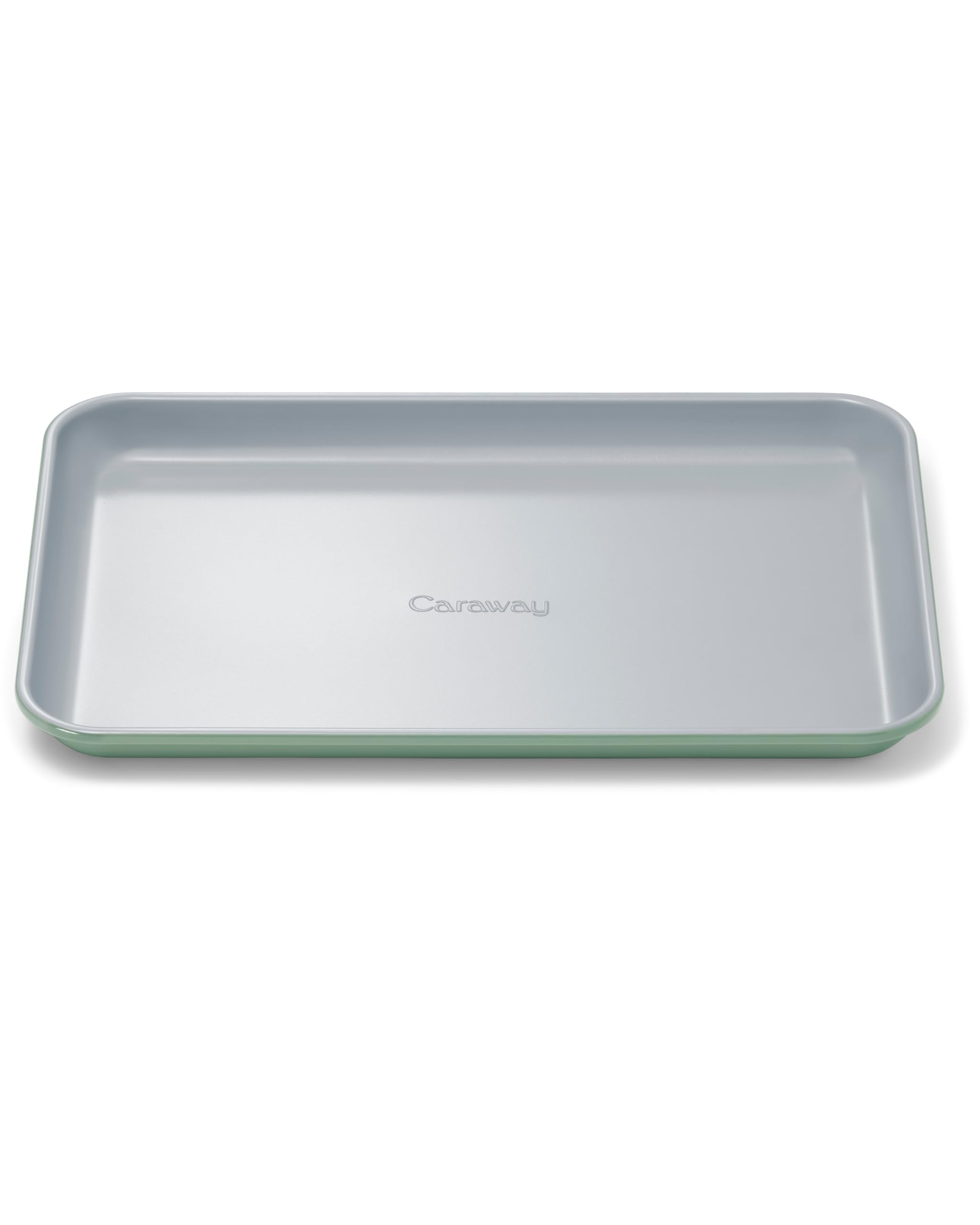 Caraway small baking sheet with nonstick ceramic surface for easy cookie release.