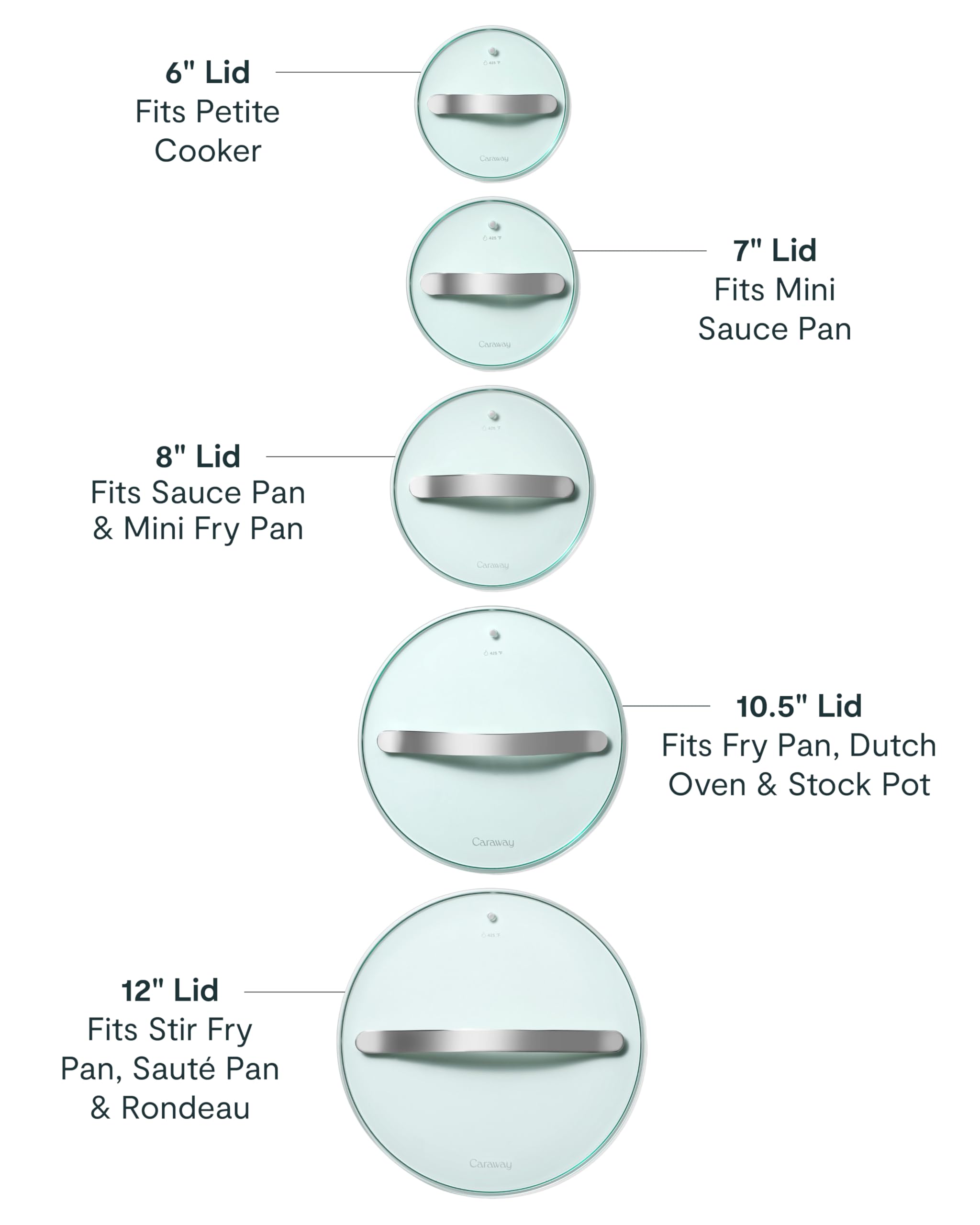Caraway oven-safe glass lid up to 425°F for versatile cooking.