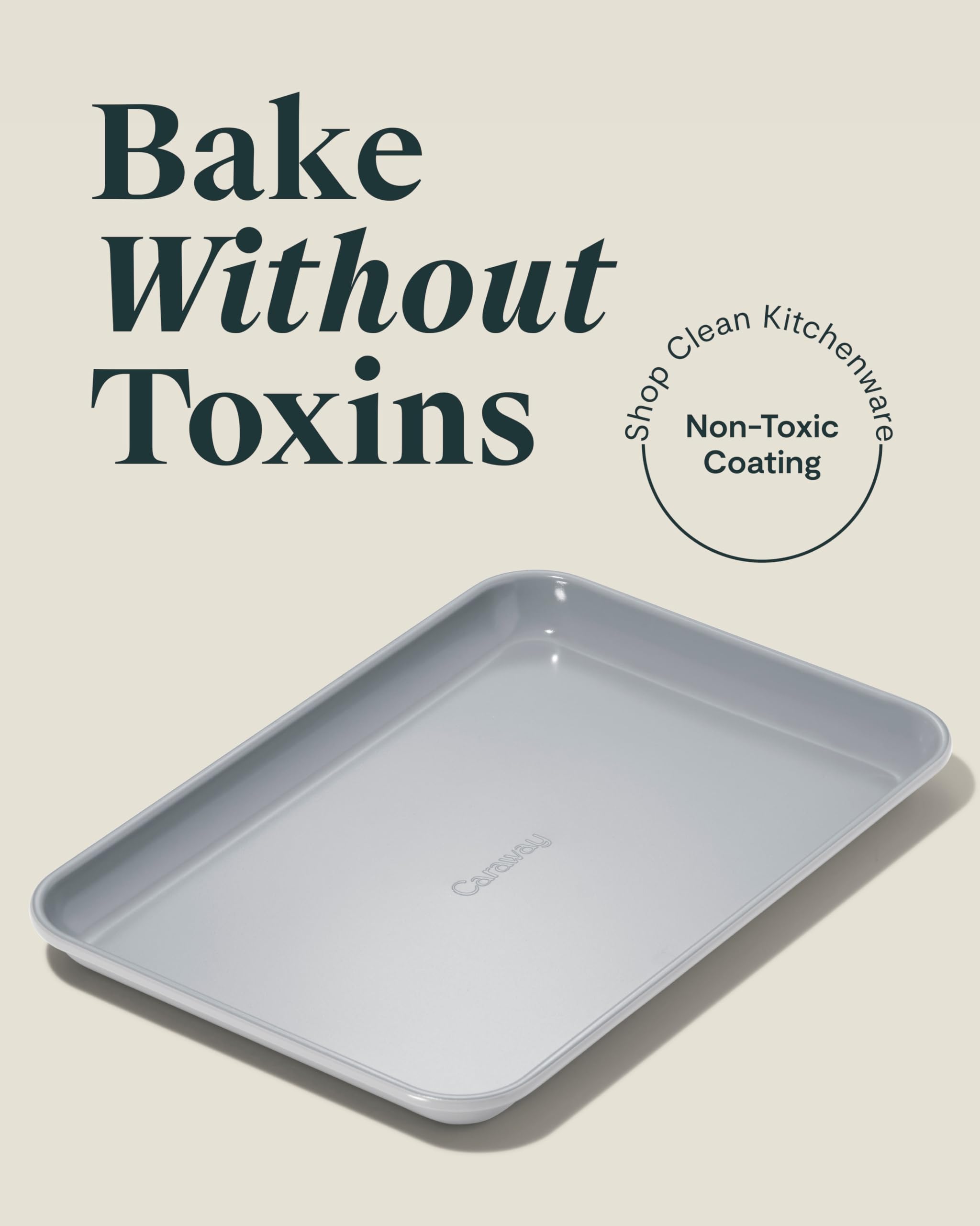 Caraway ceramic-coated sheet pan showing smooth surface for effortless food release