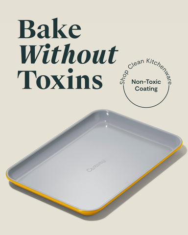 Caraway small baking sheet with ceramic nonstick surface for easy release.