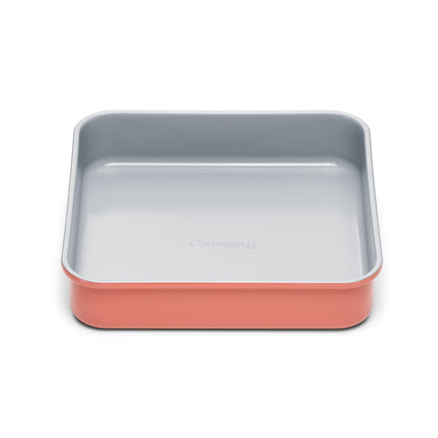 Caraway 9-inch square pan on display with a slick non-stick surface for easy baking.