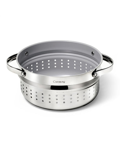 Caraway Steamer inside a large Dutch Oven for family-size meals.