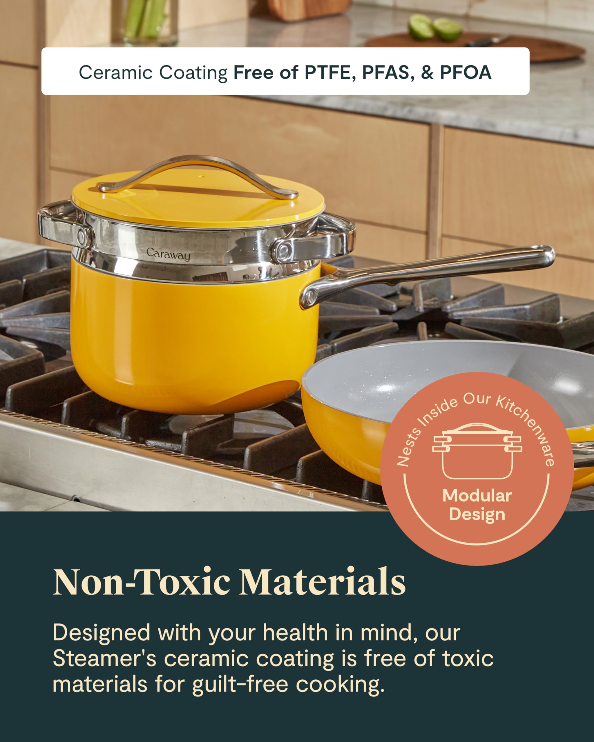 Caraway Steamer non-toxic coating emphasizes safe steam cooking free from harmful materials.