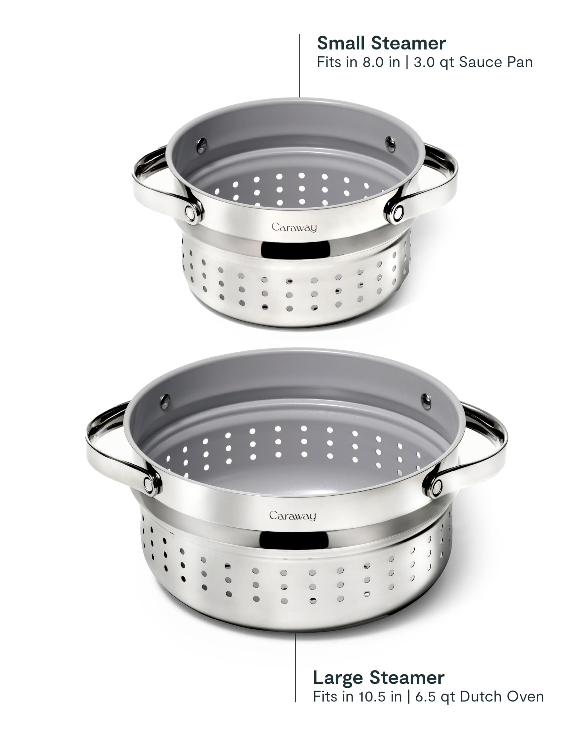 Caraway Steamer stainless steel construction highlights a durable build for daily cooking.