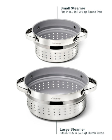 Caraway Steamer stainless steel construction highlights a durable build for daily cooking.