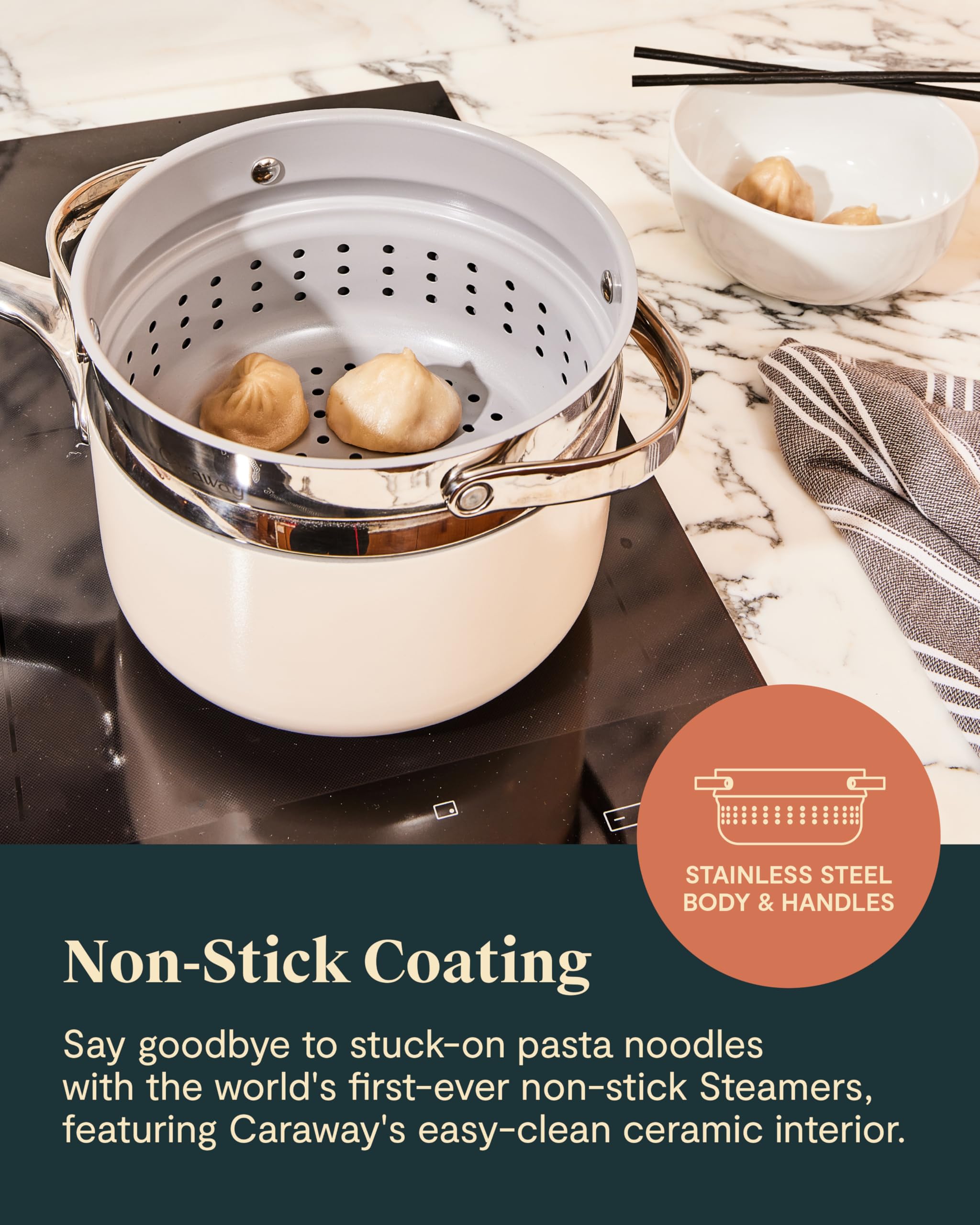 Caraway Steamer vegetables steaming highlights preserving color and texture during cooking.