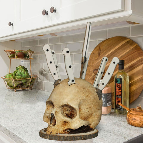 CAREEN horror kitchen storage head rack adds character to prep area.